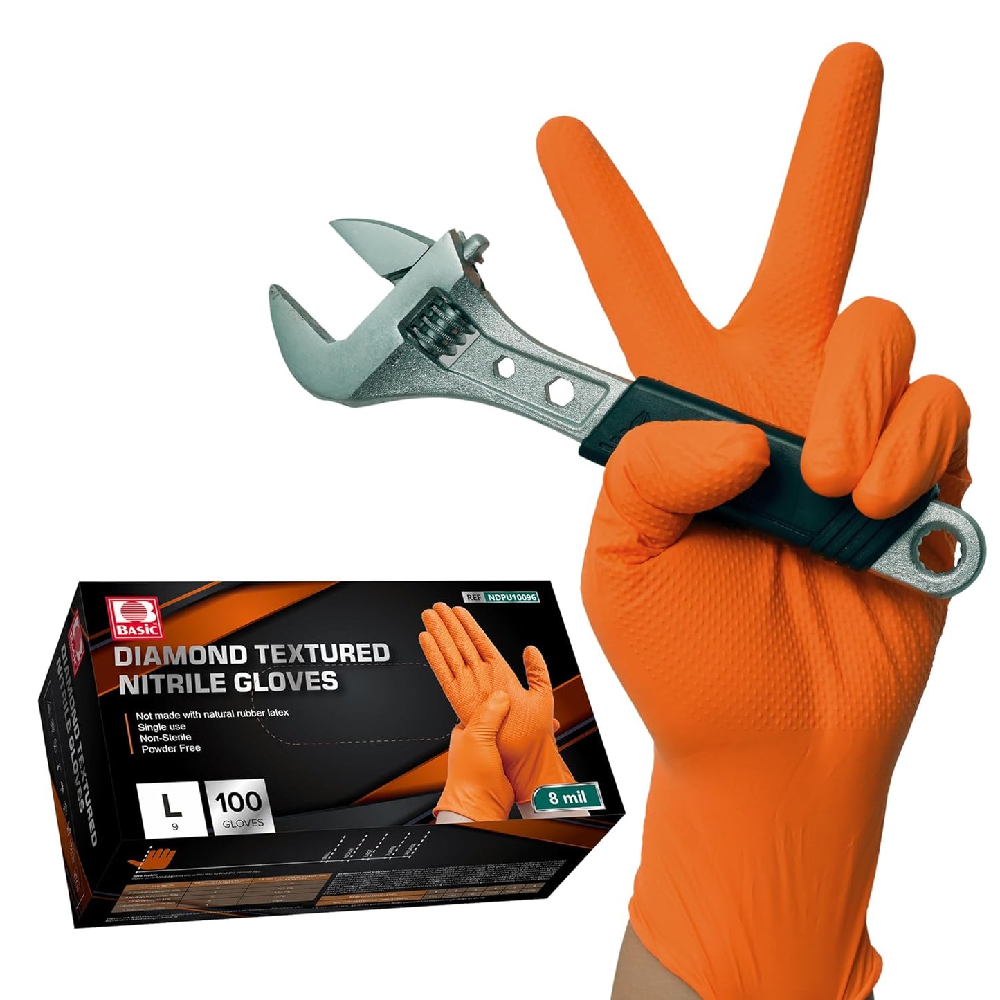 8 Mil Diamond Textured Nitrile Gloves (Black/Orange)